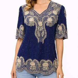 Vintage Cobalt Blue top with white beading and scallops edges M